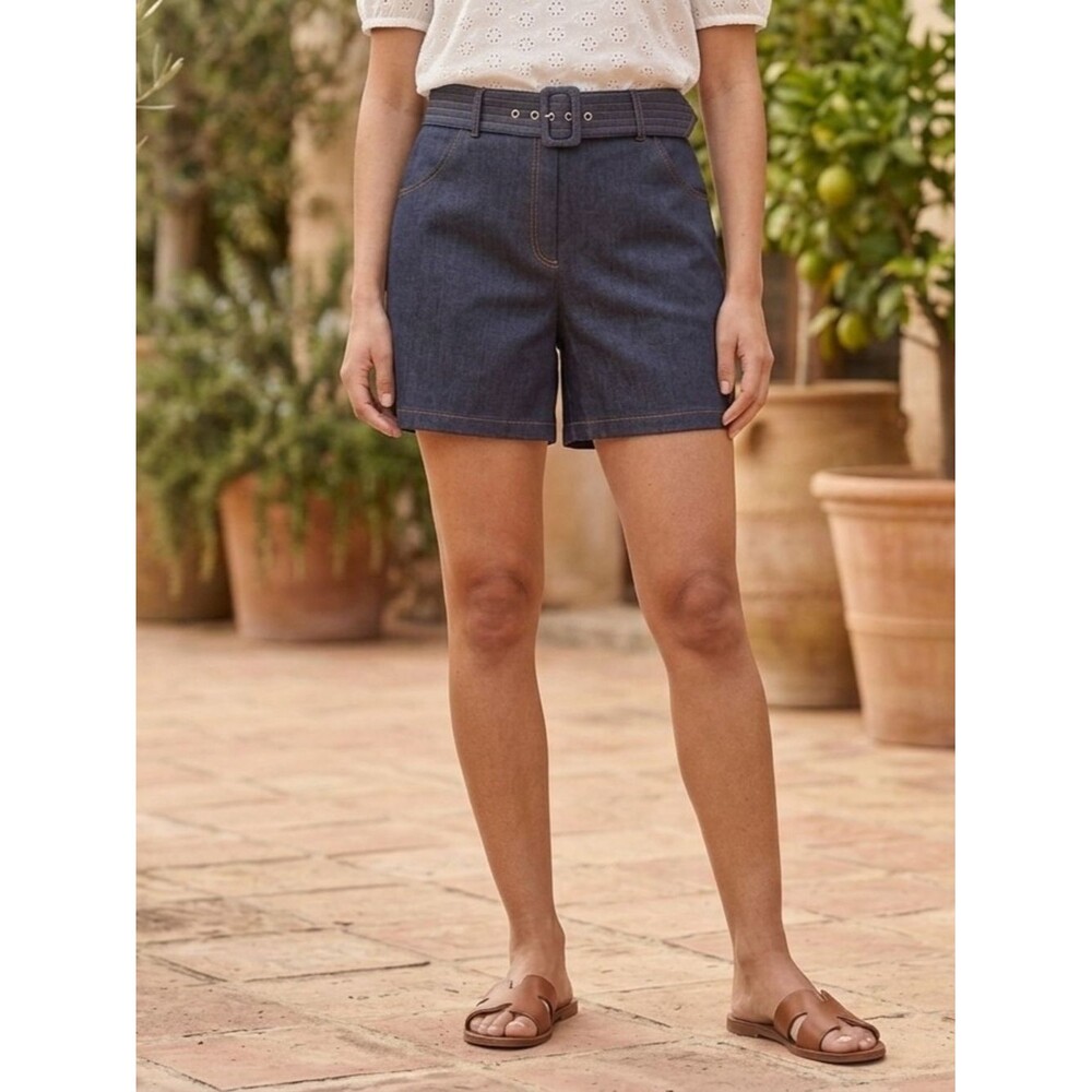 NWT Carole Wren Dark Wash Denim Belted Shorts Size 12 High Rise Stretch
